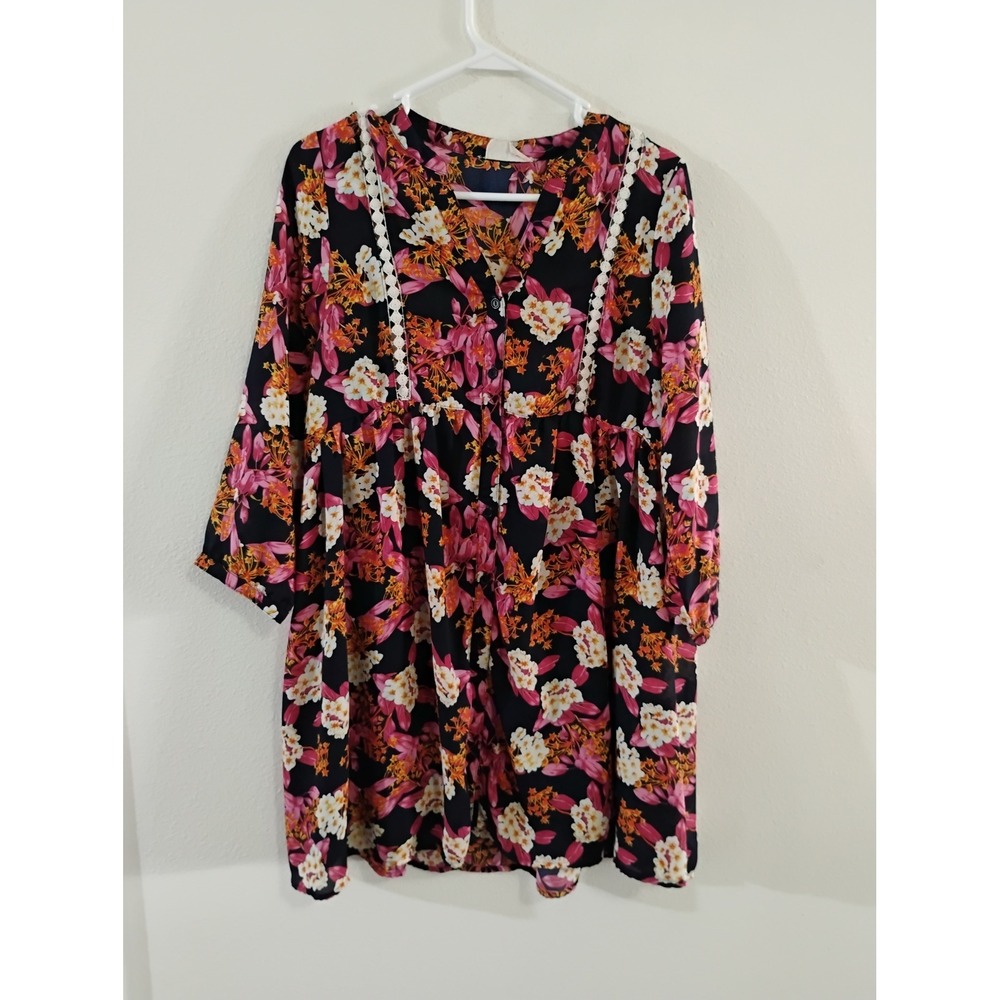 Raspy Peach Boutique Floral Mini Dress Navy Pink Crochet Trim Boho Womens Medium